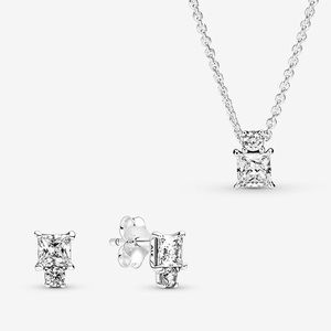Pandora Sparkling Round & Square Necklace & Earring Set w/ Moments Bracelet